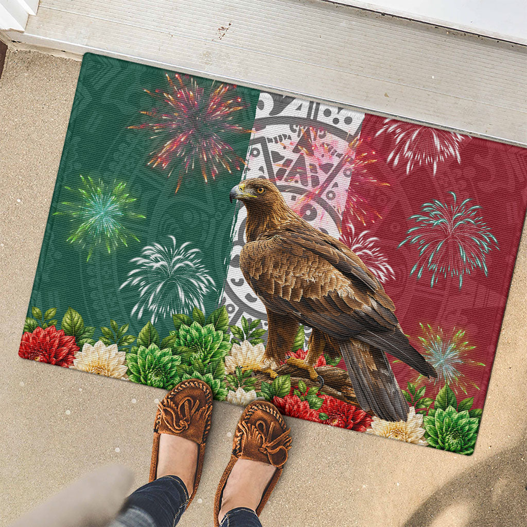 Viva Mexico Independence Day Rubber Doormat Golden Eagle Angel Aztec Pattern