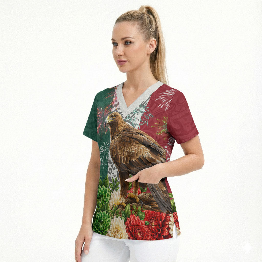 Viva Mexico Independence Day Scrub Top Golden Eagle Angel Aztec Pattern