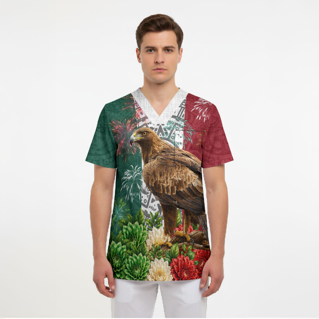 Viva Mexico Independence Day Scrub Top Golden Eagle Angel Aztec Pattern