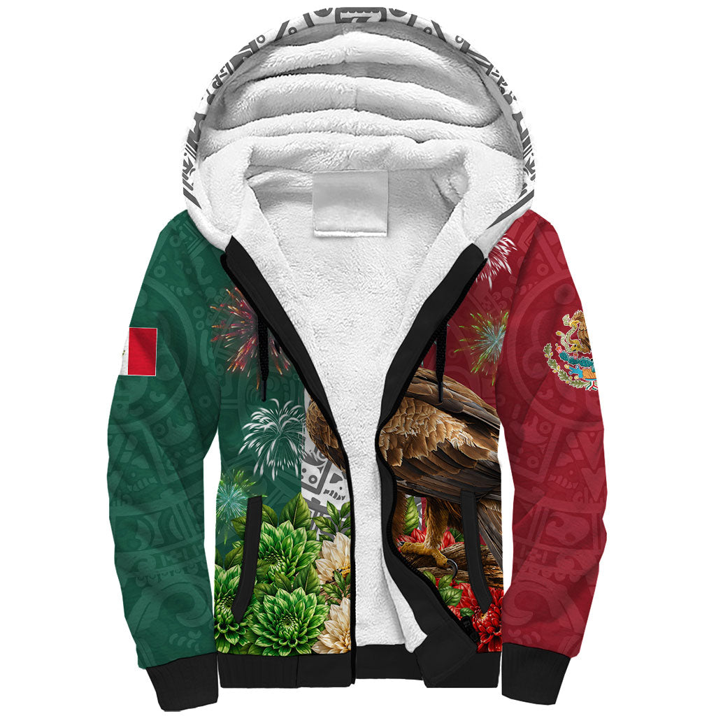 Viva Mexico Independence Day Sherpa Hoodie Golden Eagle Angel Aztec Pattern