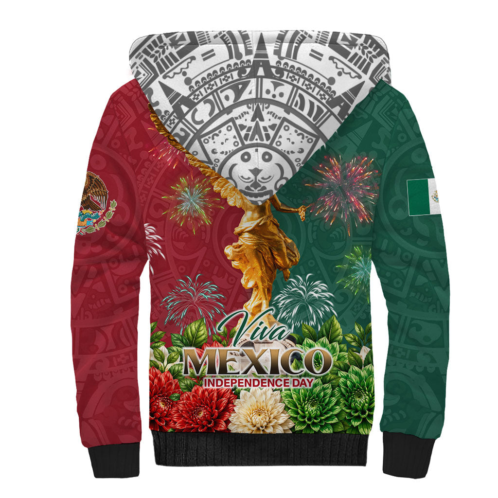 Viva Mexico Independence Day Sherpa Hoodie Golden Eagle Angel Aztec Pattern