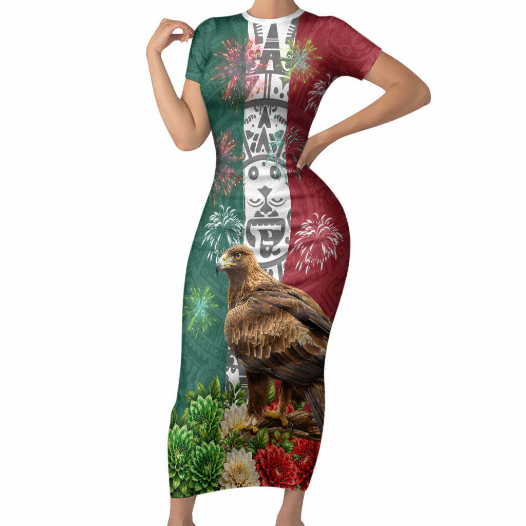Viva Mexico Independence Day Short Sleeve Bodycon Dress Golden Eagle Angel Aztec Pattern