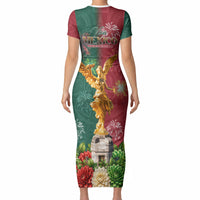 Viva Mexico Independence Day Short Sleeve Bodycon Dress Golden Eagle Angel Aztec Pattern