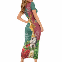 Viva Mexico Independence Day Short Sleeve Bodycon Dress Golden Eagle Angel Aztec Pattern