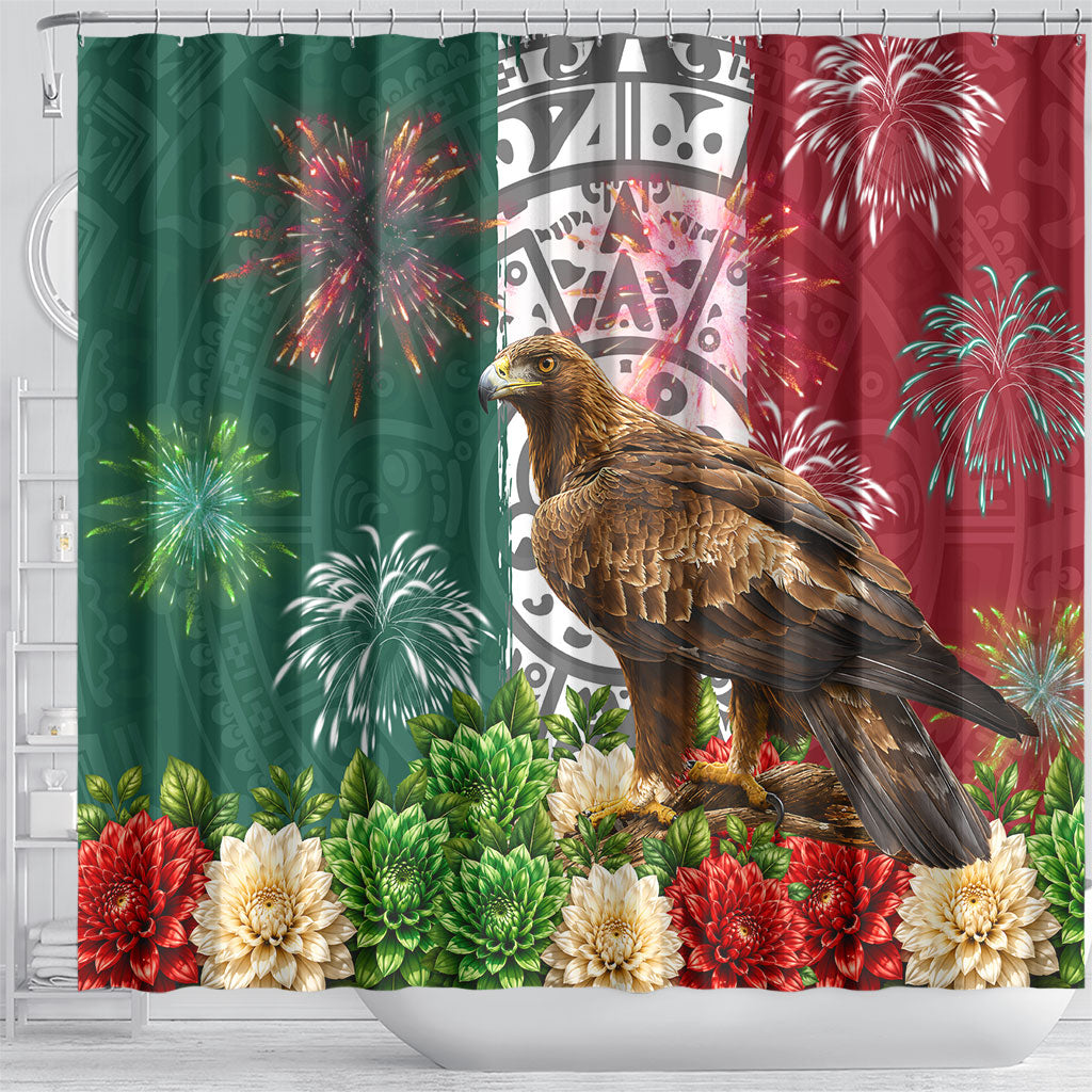 Viva Mexico Independence Day Shower Curtain Golden Eagle Angel Aztec Pattern
