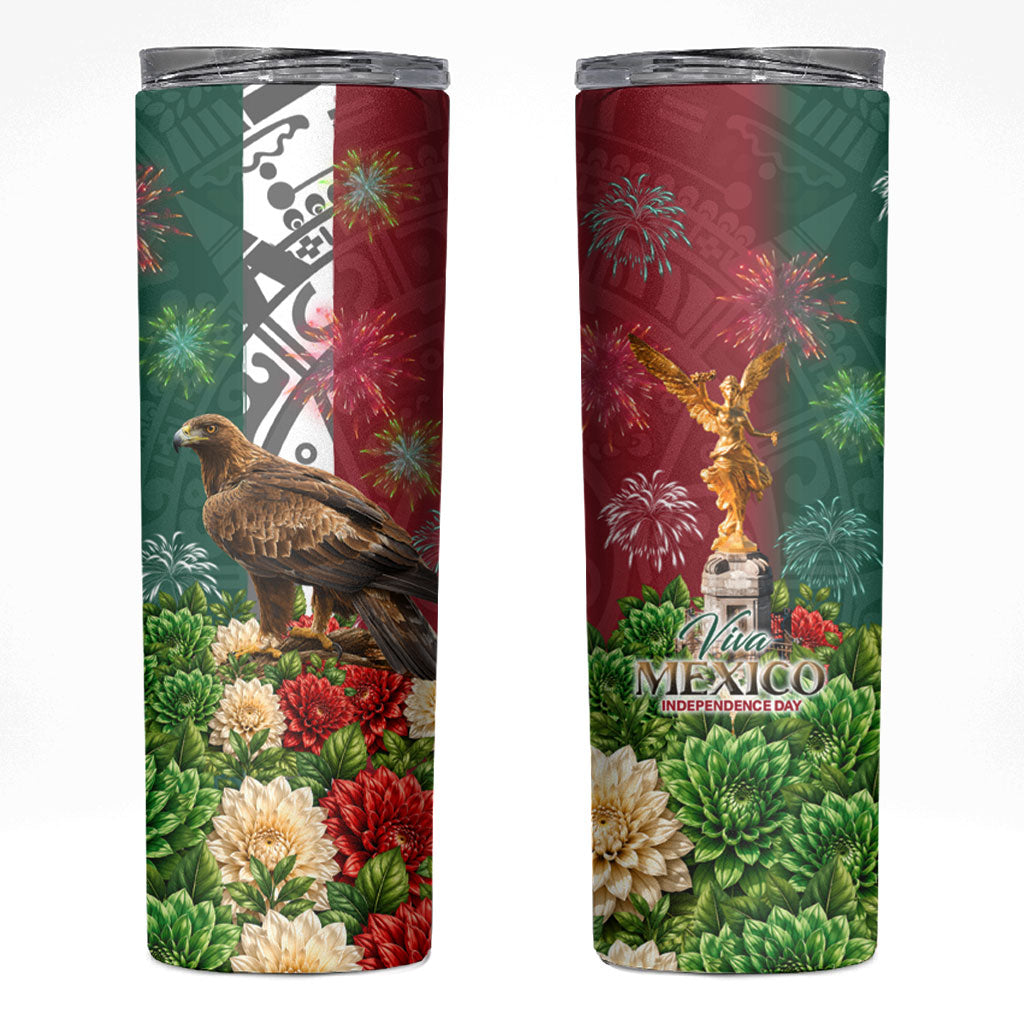 Viva Mexico Independence Day Skinny Tumbler Golden Eagle Angel Aztec Pattern