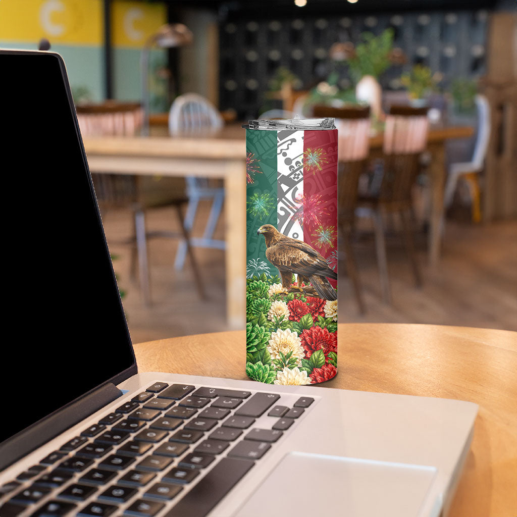 Viva Mexico Independence Day Skinny Tumbler Golden Eagle Angel Aztec Pattern