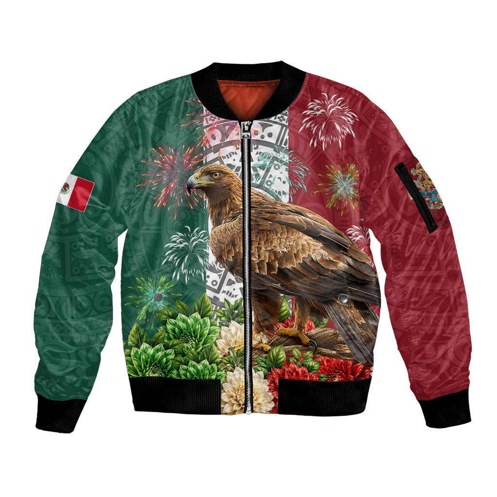 Viva Mexico Independence Day Sleeve Zip Bomber Jacket Golden Eagle Angel Aztec Pattern