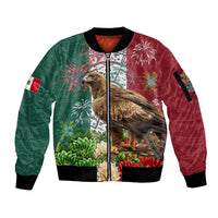 Viva Mexico Independence Day Sleeve Zip Bomber Jacket Golden Eagle Angel Aztec Pattern