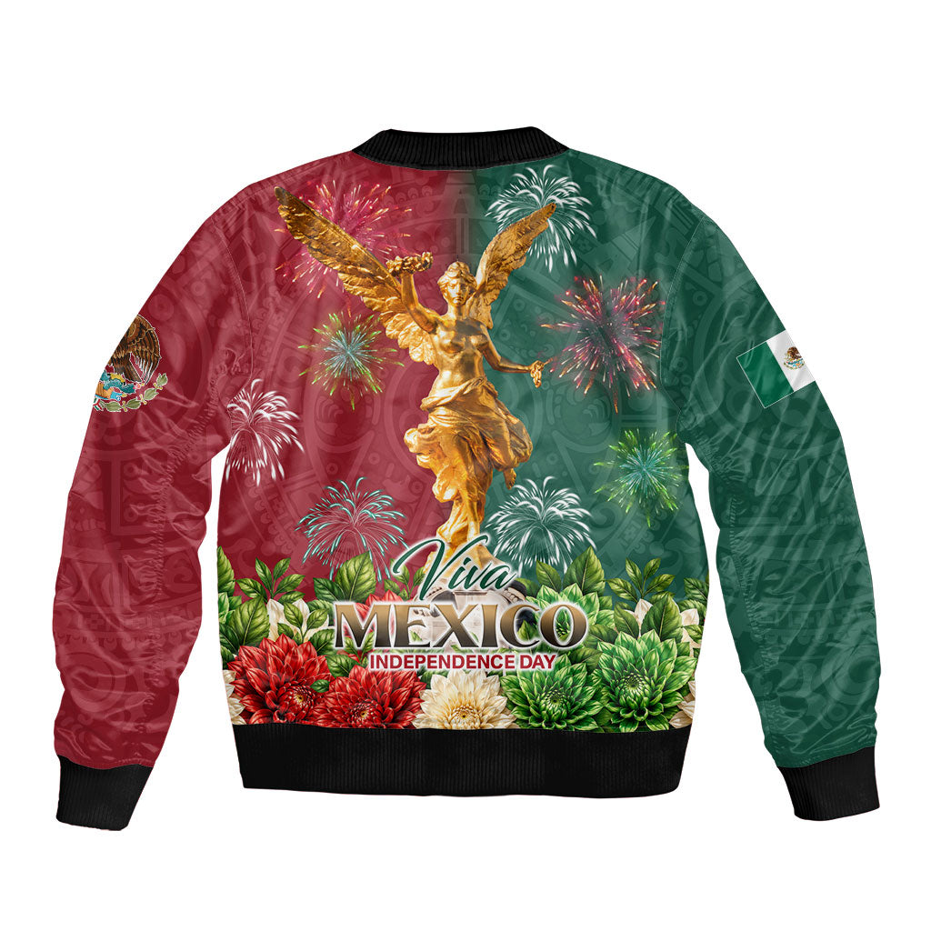 Viva Mexico Independence Day Sleeve Zip Bomber Jacket Golden Eagle Angel Aztec Pattern