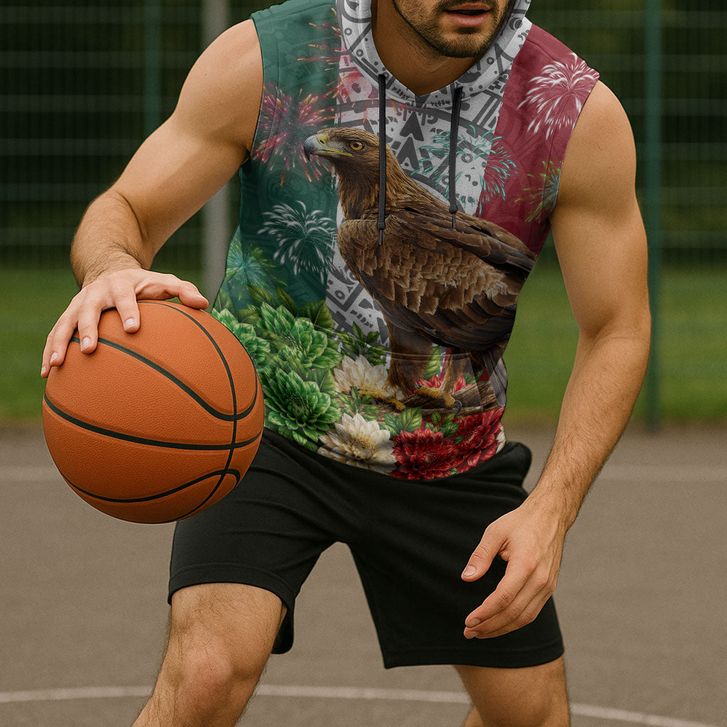 Viva Mexico Independence Day Sleeveless Hoodie Golden Eagle Angel Aztec Pattern