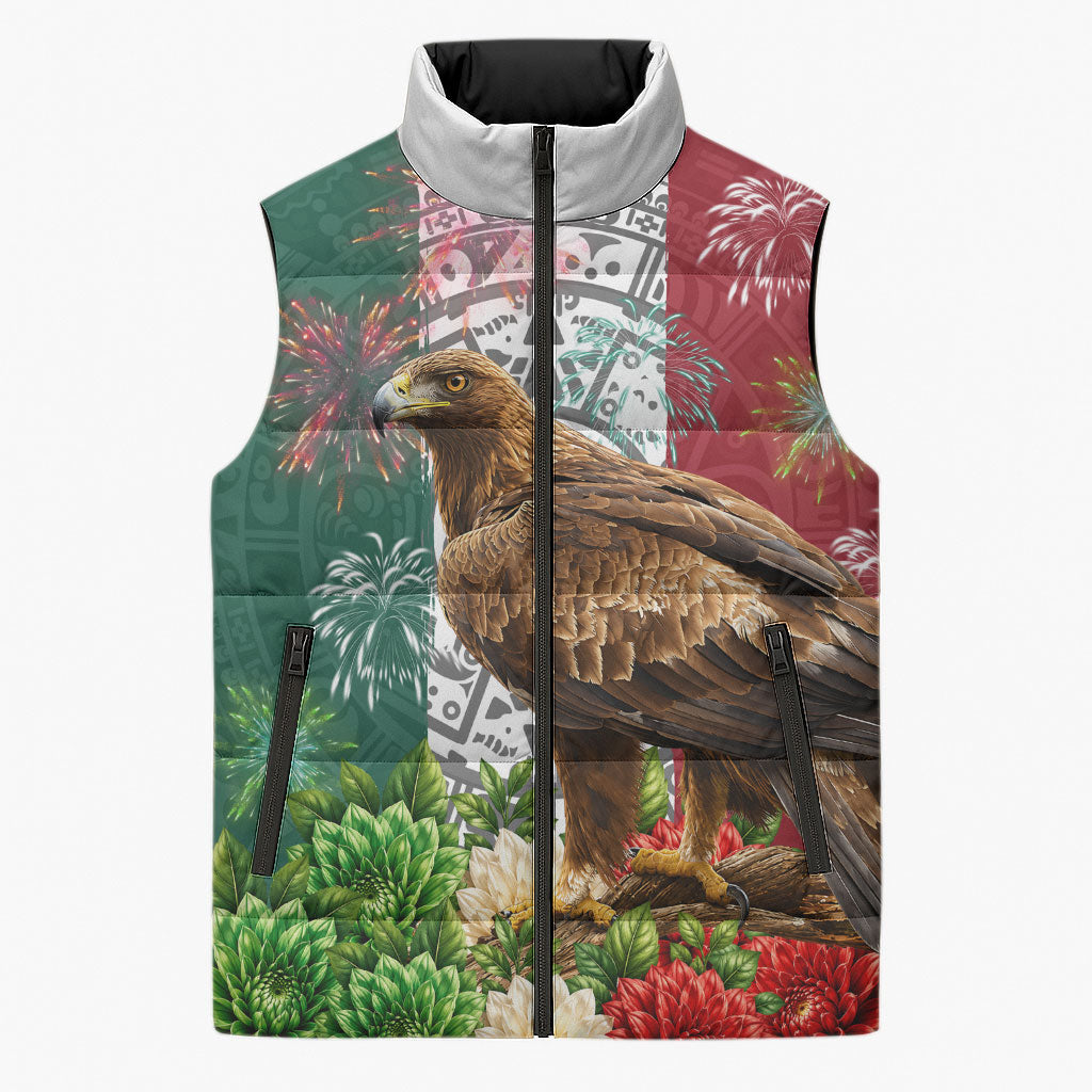 Viva Mexico Independence Day Sleeveless Puffer Jacket Golden Eagle Angel Aztec Pattern