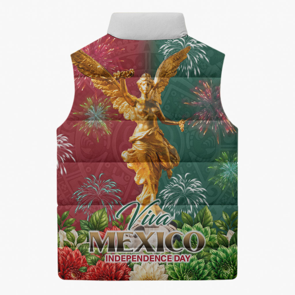 Viva Mexico Independence Day Sleeveless Puffer Jacket Golden Eagle Angel Aztec Pattern
