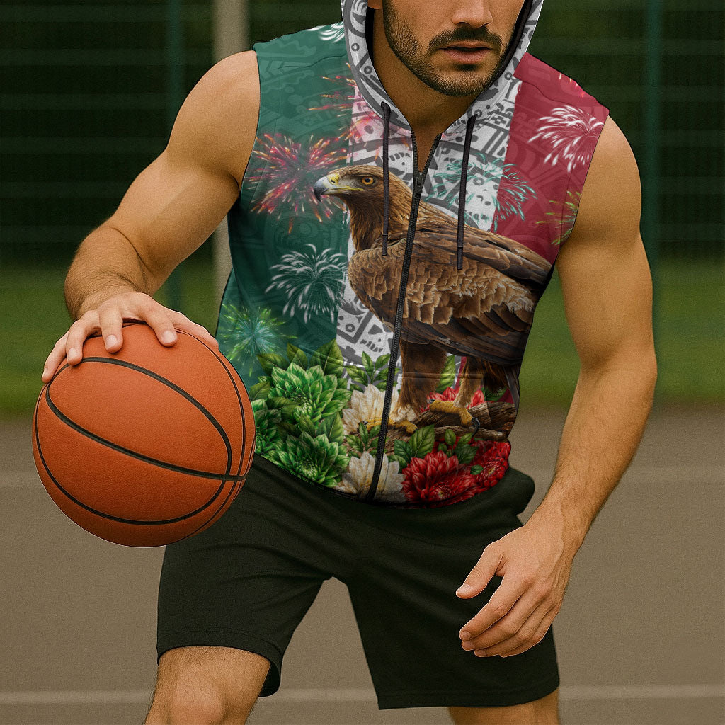 Viva Mexico Independence Day Sleeveless Zip Hoodie Golden Eagle Angel Aztec Pattern