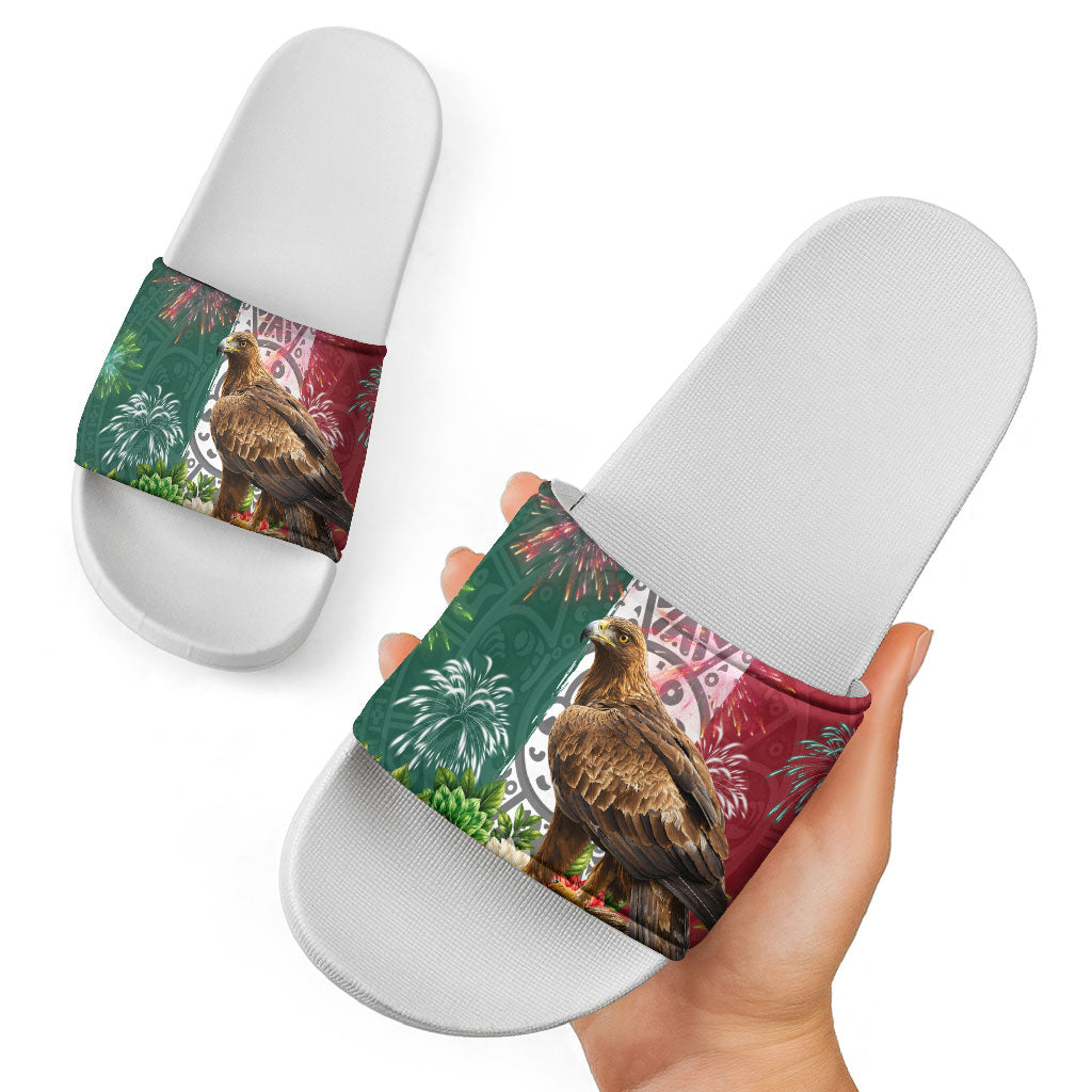 Viva Mexico Independence Day Slide Sandals Golden Eagle Angel Aztec Pattern
