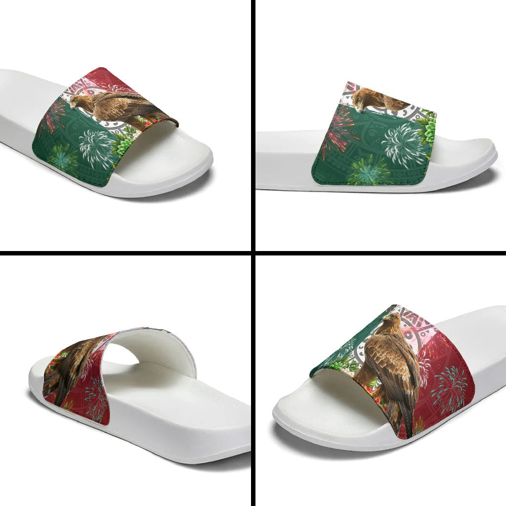 Viva Mexico Independence Day Slide Sandals Golden Eagle Angel Aztec Pattern