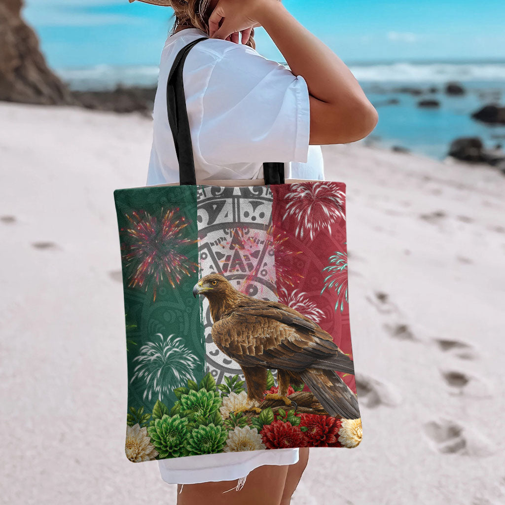 Viva Mexico Independence Day Tote Bag Golden Eagle Angel Aztec Pattern