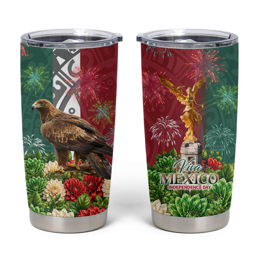 Viva Mexico Independence Day Tumbler Cup Golden Eagle Angel Aztec Pattern