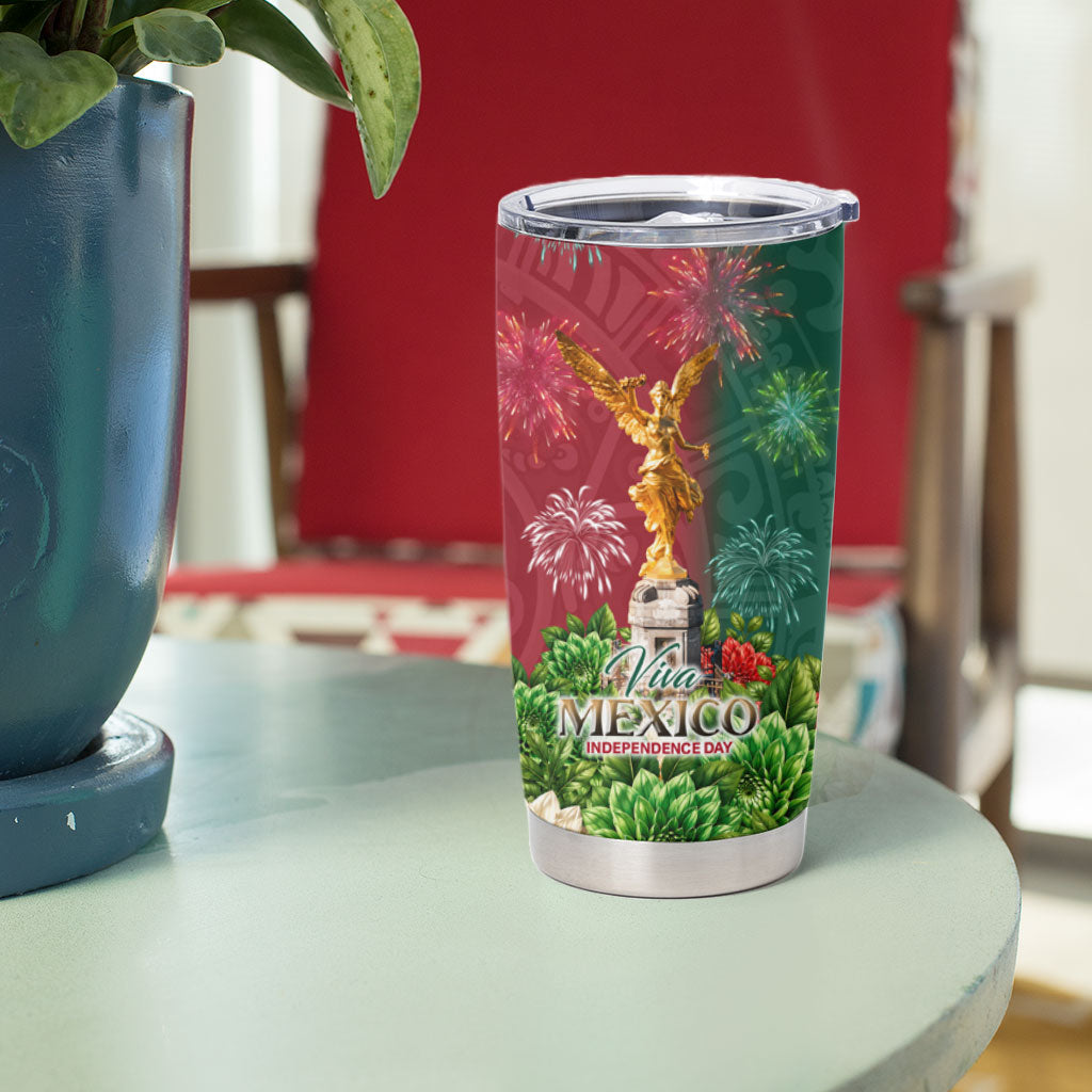 Viva Mexico Independence Day Tumbler Cup Golden Eagle Angel Aztec Pattern