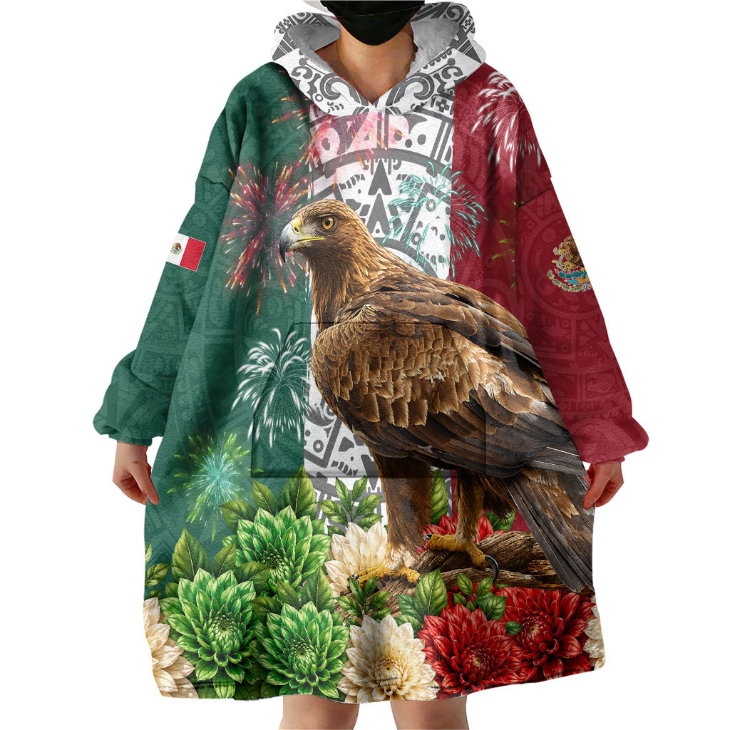 Viva Mexico Independence Day Wearable Blanket Hoodie Golden Eagle Angel Aztec Pattern