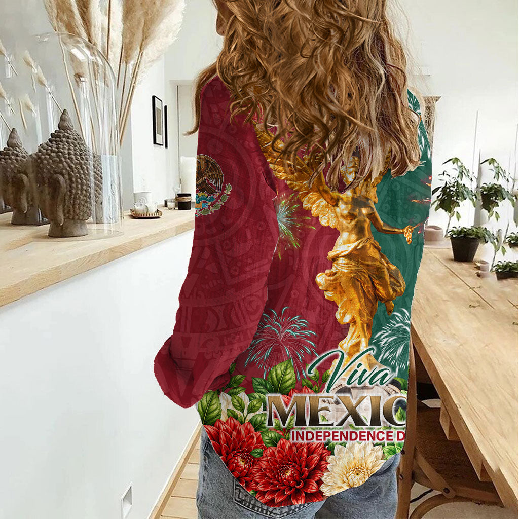 Viva Mexico Independence Day Women Casual Shirt Golden Eagle Angel Aztec Pattern