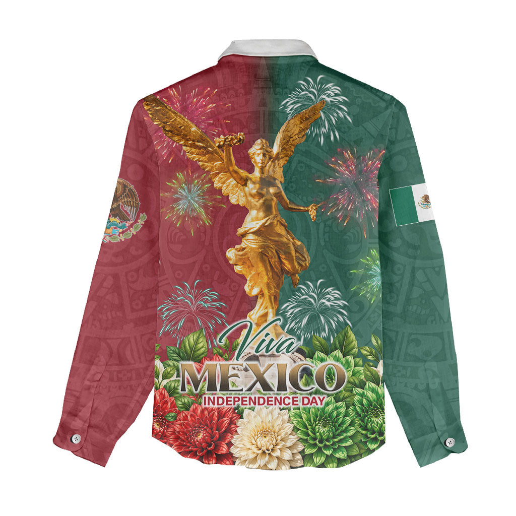 Viva Mexico Independence Day Women Casual Shirt Golden Eagle Angel Aztec Pattern