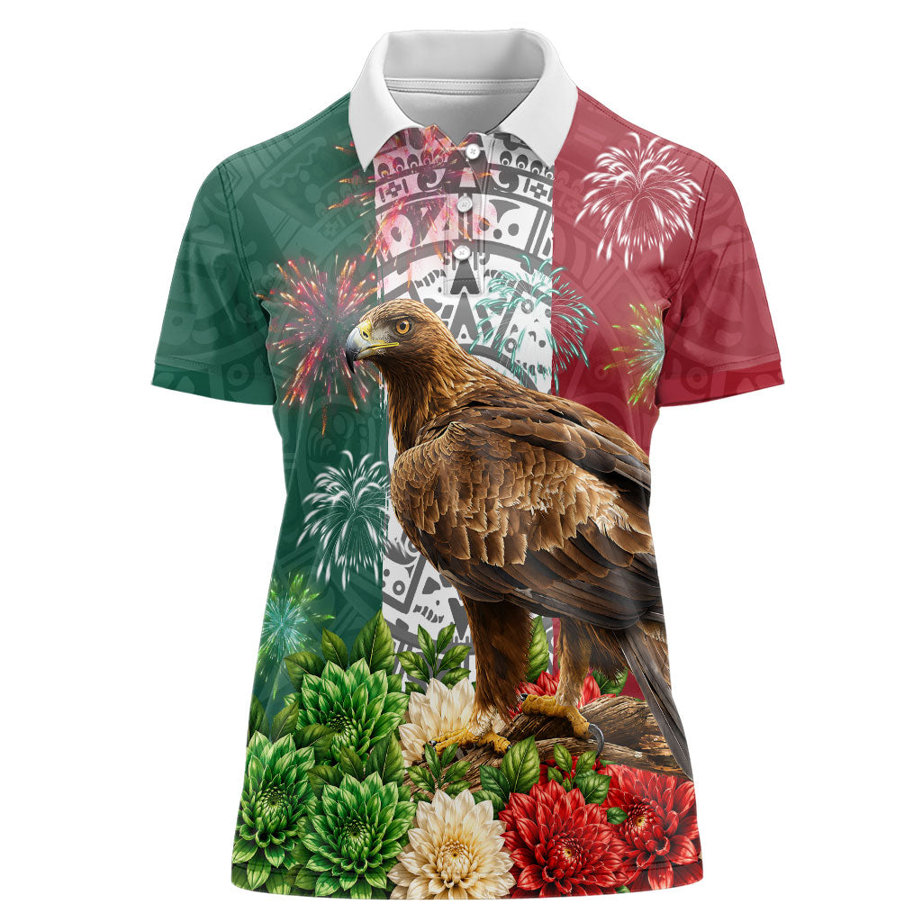 Viva Mexico Independence Day Women Polo Shirt Golden Eagle Angel Aztec Pattern