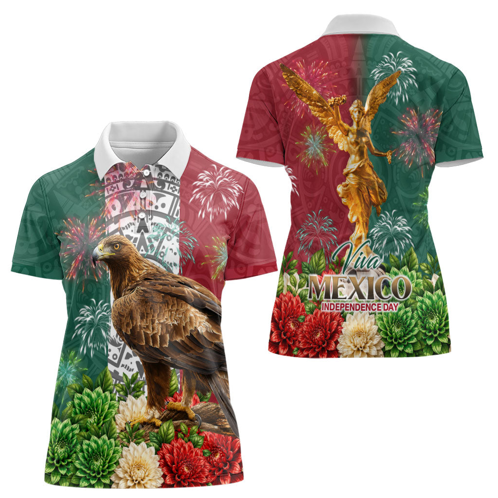 Viva Mexico Independence Day Women Polo Shirt Golden Eagle Angel Aztec Pattern
