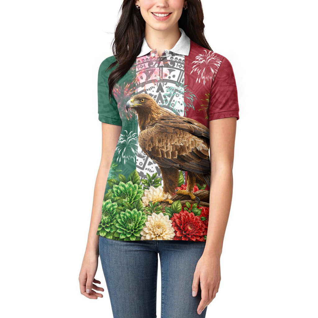 Viva Mexico Independence Day Women Polo Shirt Golden Eagle Angel Aztec Pattern