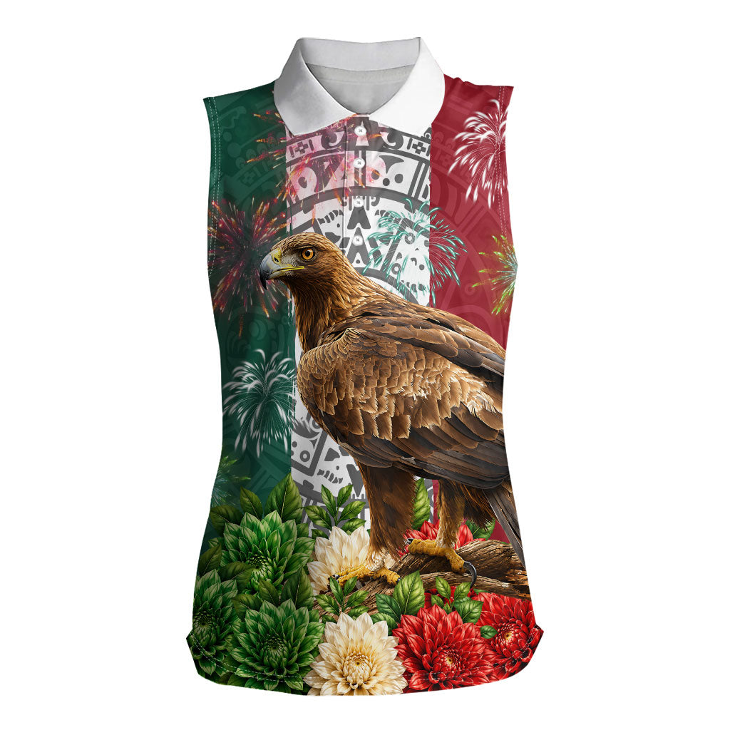 Viva Mexico Independence Day Women Sleeveless Polo Shirt Golden Eagle Angel Aztec Pattern