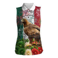 Viva Mexico Independence Day Women Sleeveless Polo Shirt Golden Eagle Angel Aztec Pattern