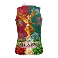 Viva Mexico Independence Day Women Sleeveless Polo Shirt Golden Eagle Angel Aztec Pattern