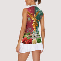 Viva Mexico Independence Day Women Sleeveless Polo Shirt Golden Eagle Angel Aztec Pattern