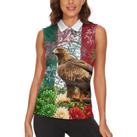 Viva Mexico Independence Day Women Sleeveless Polo Shirt Golden Eagle Angel Aztec Pattern
