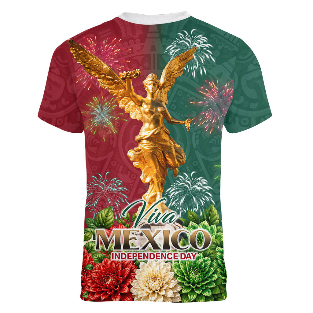 Viva Mexico Independence Day Women V-Neck T-Shirt Golden Eagle Angel Aztec Pattern