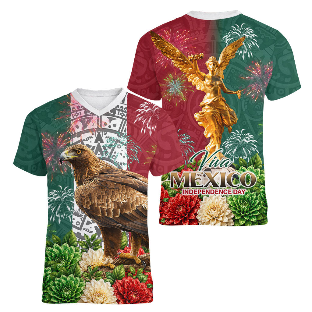 Viva Mexico Independence Day Women V-Neck T-Shirt Golden Eagle Angel Aztec Pattern