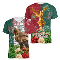 Viva Mexico Independence Day Women V-Neck T-Shirt Golden Eagle Angel Aztec Pattern