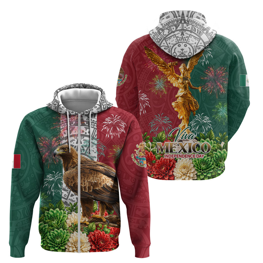 Viva Mexico Independence Day Zip Hoodie Golden Eagle Angel Aztec Pattern