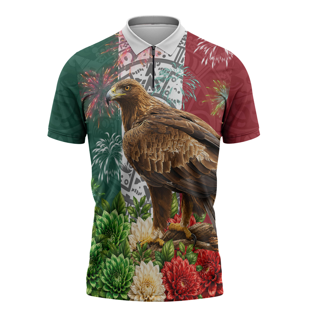 Viva Mexico Independence Day Zipper Polo Shirt Golden Eagle Angel Aztec Pattern