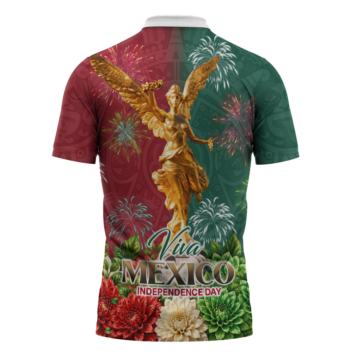 Viva Mexico Independence Day Zipper Polo Shirt Golden Eagle Angel Aztec Pattern