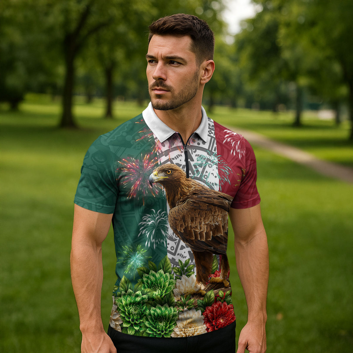 Viva Mexico Independence Day Zipper Polo Shirt Golden Eagle Angel Aztec Pattern