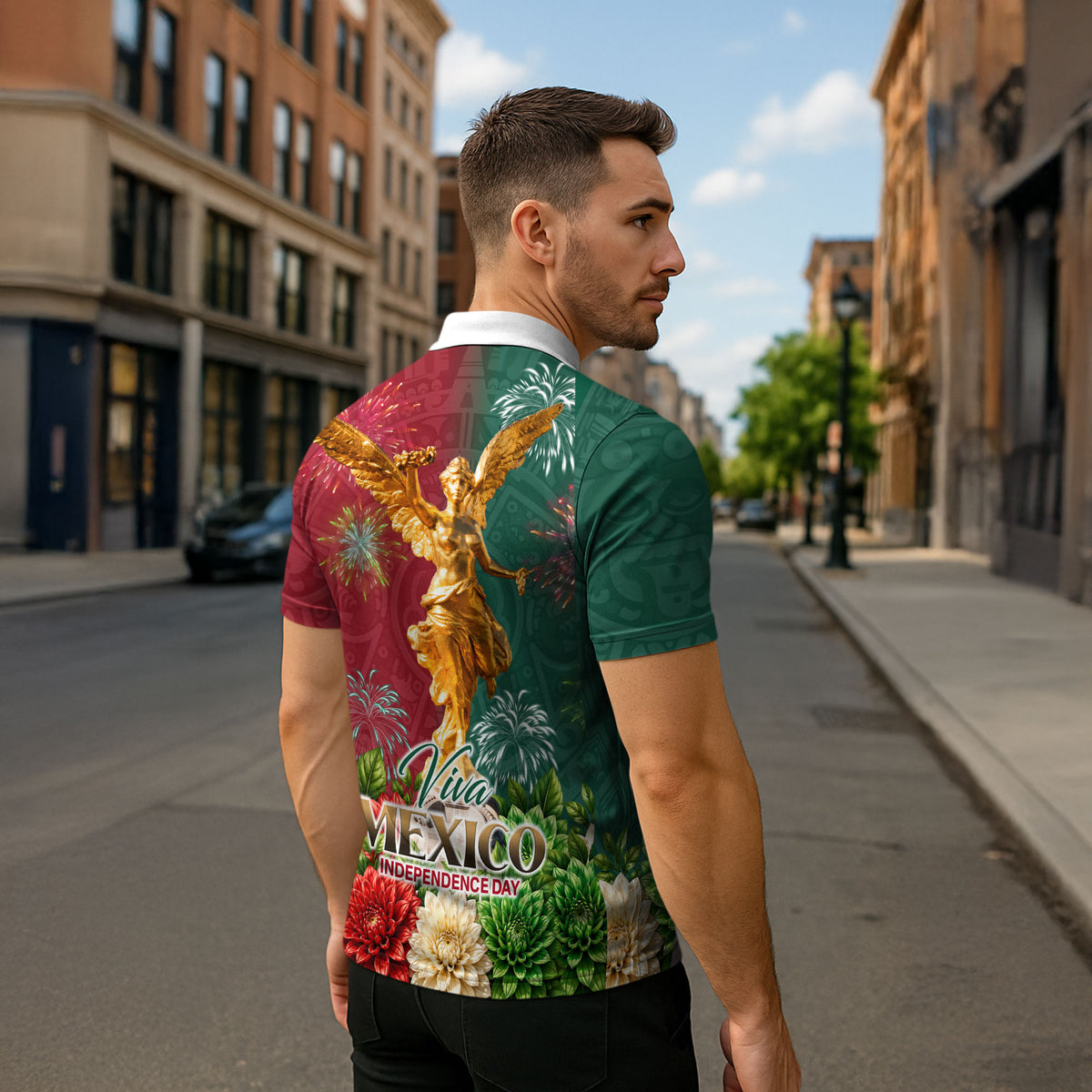 Viva Mexico Independence Day Zipper Polo Shirt Golden Eagle Angel Aztec Pattern