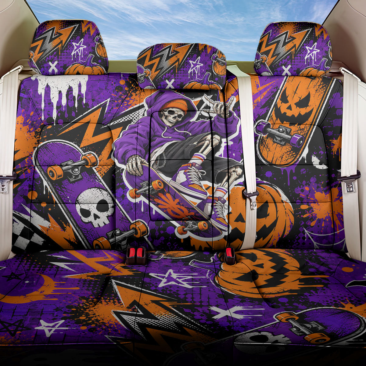 Halloween Skeleton Skateboarder Back Car Seat Cover Graffiti Ghost Pumpkin Streetwear Graphic
