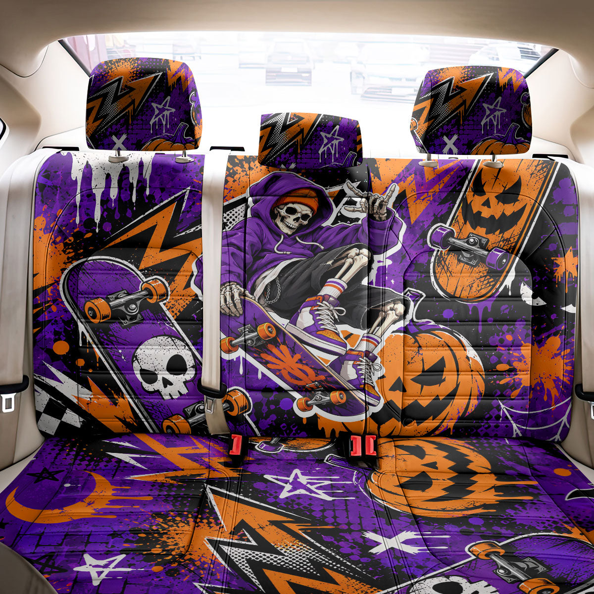 Halloween Skeleton Skateboarder Back Car Seat Cover Graffiti Ghost Pumpkin Streetwear Graphic