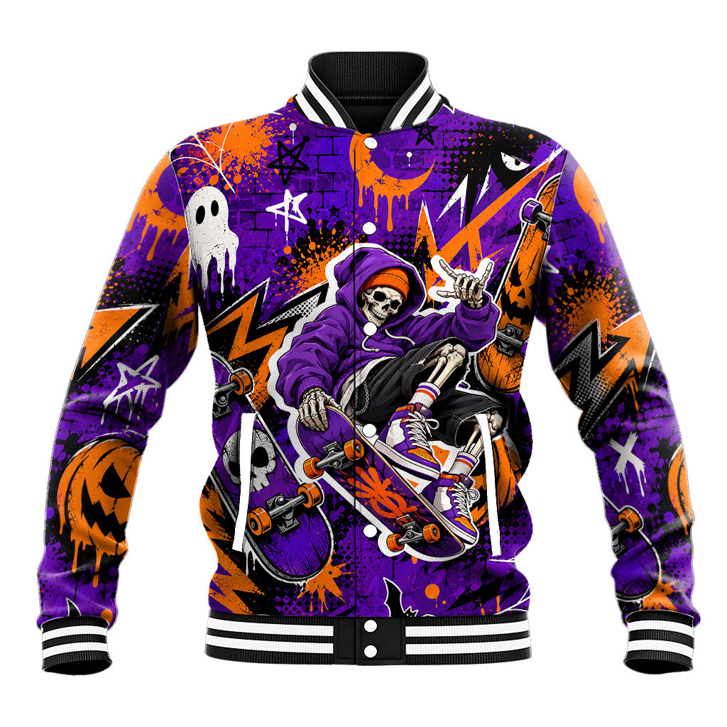 Halloween Skeleton Skateboarder Baseball Jacket Graffiti Ghost Pumpkin Streetwear Graphic