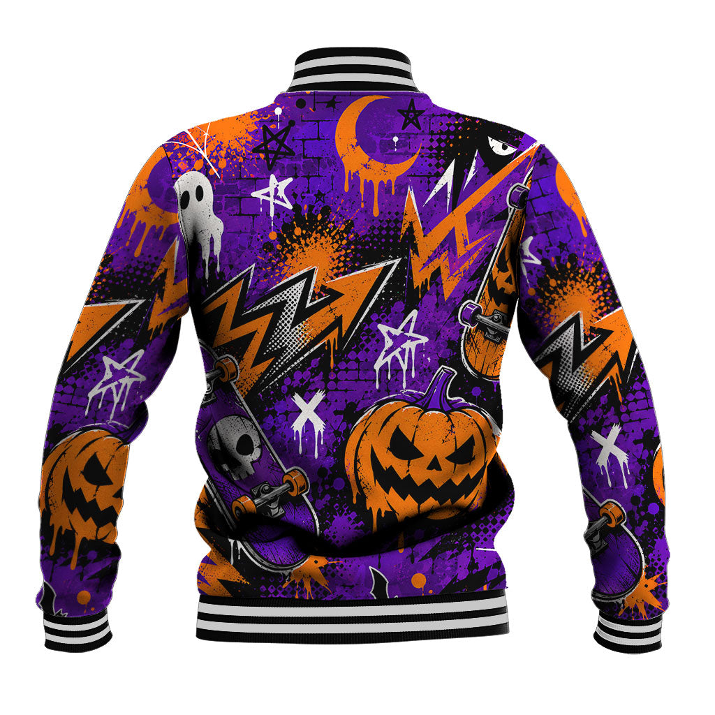 Halloween Skeleton Skateboarder Baseball Jacket Graffiti Ghost Pumpkin Streetwear Graphic