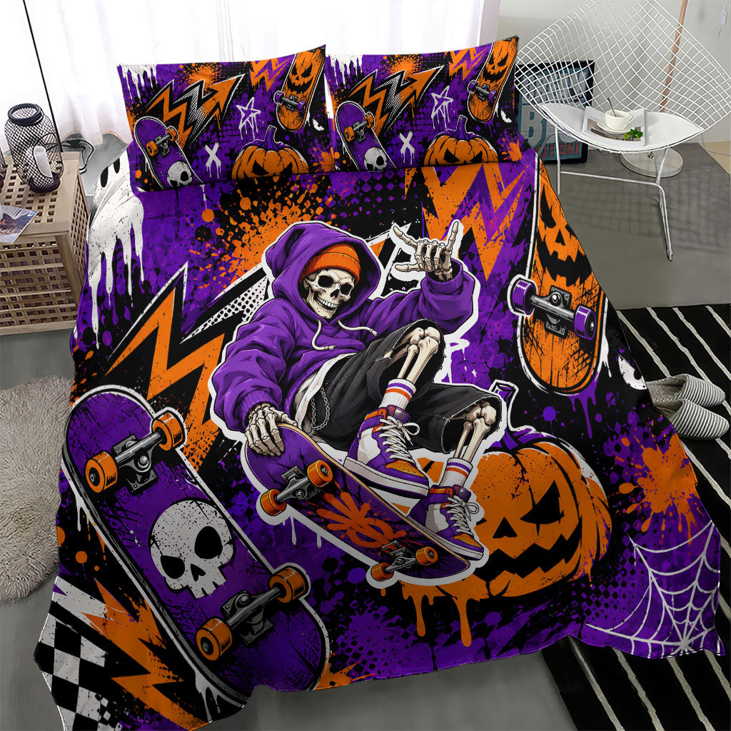 Halloween Skeleton Skateboarder Bedding Set Graffiti Ghost Pumpkin Streetwear Graphic