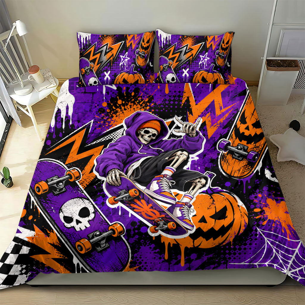 Halloween Skeleton Skateboarder Bedding Set Graffiti Ghost Pumpkin Streetwear Graphic