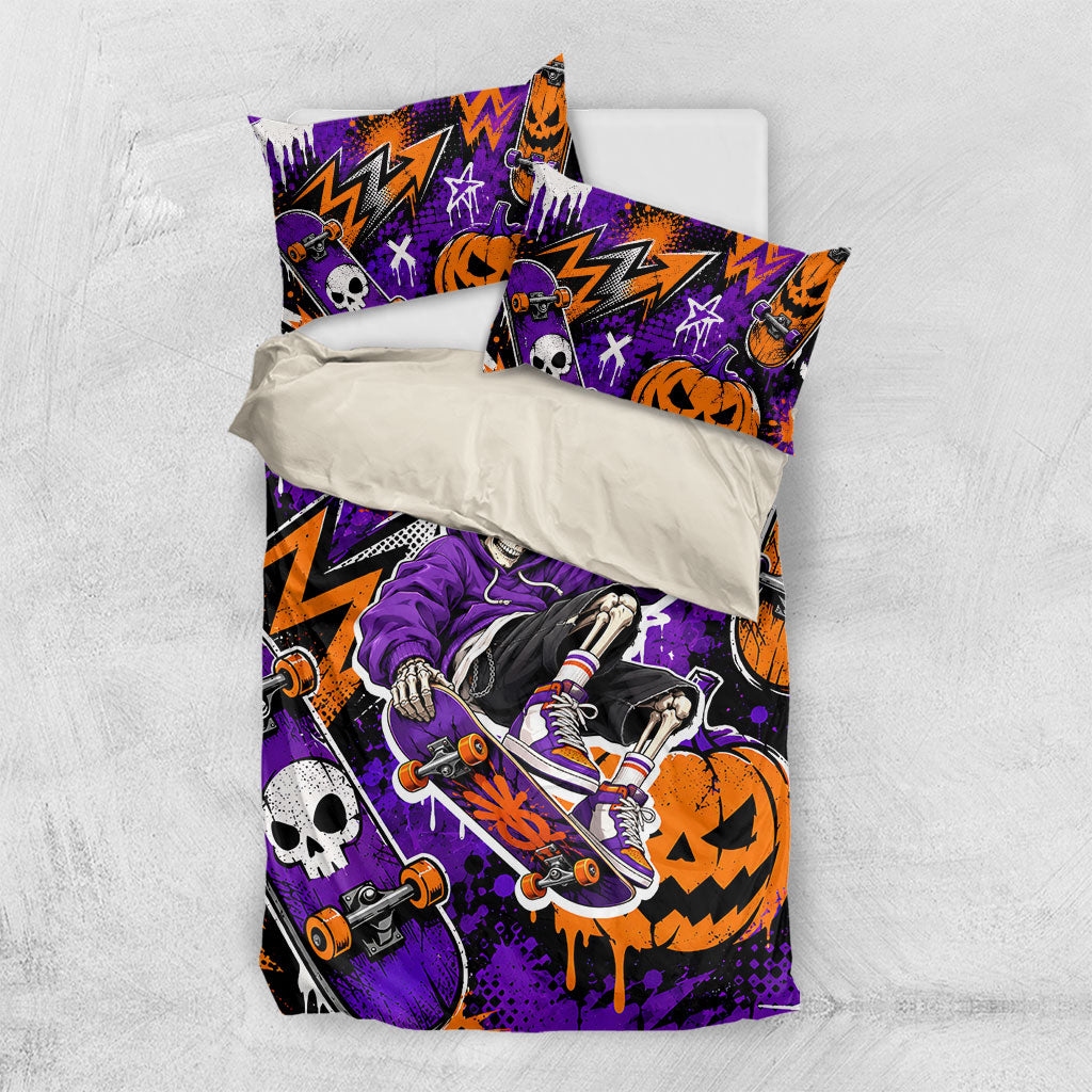 Halloween Skeleton Skateboarder Bedding Set Graffiti Ghost Pumpkin Streetwear Graphic