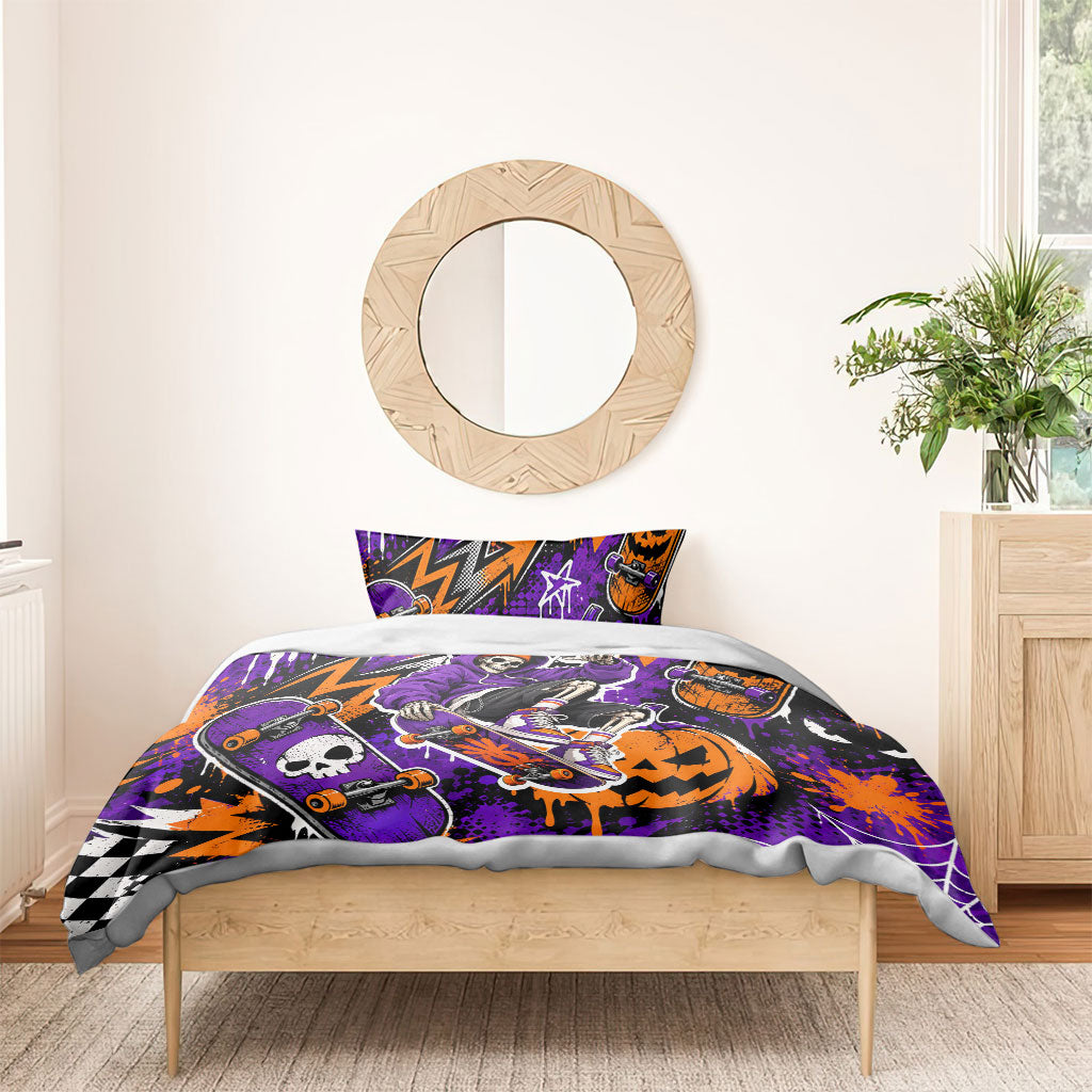 Halloween Skeleton Skateboarder Bedding Set Graffiti Ghost Pumpkin Streetwear Graphic